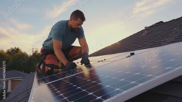 Obraz A men installing solar panels on a roof, symbolizing his commitment to renewable energy and sustainability.
