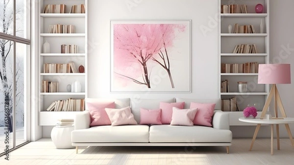 Obraz Sofa with pink pillows against window near wall with poster and bookcases, minimalist home interior design of modern living room. Generate AI