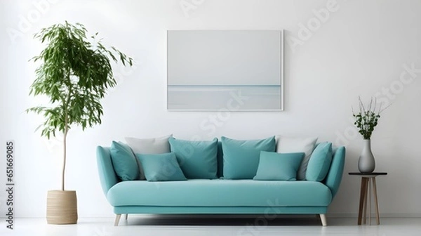 Fototapeta Teal curved sofa with white pillows against white wall with poster. Scandinavian style home interior design of modern living room. Generate AI