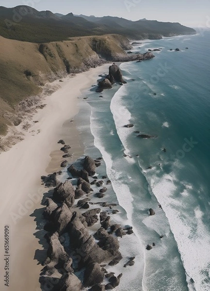 Fototapeta Wide aerial shot of a beach looking down the shoreline with craggy rocks in the ocean