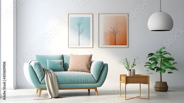 Obraz Teal sofa and terra cotta armchair against white wall with art posters. Scandinavian style home interior design of modern living room. Generate AI