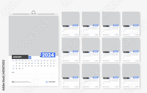 Fototapeta 2024 wall calendar template design, 12-page modern print-ready calendar layout template