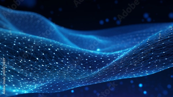 Obraz Smooth mesh and waves - abstract blue geometric digital technology background.  Concept for neural network, big data, communication, data stream, cyber data flow,  AI, cloud computing. Generative AI