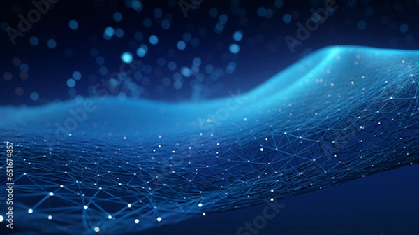 Obraz Smooth mesh and waves - abstract blue geometric digital technology background.  Concept for neural network, big data, communication, data stream, cyber data flow,  AI, cloud computing. Generative AI