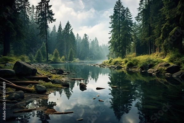 Obraz Tranquil forest lake, Mirror-like Waters, Reflections in Nature, Pristine Wilderness, Tranquil Oases, Landscape Photography, Serene Escapes