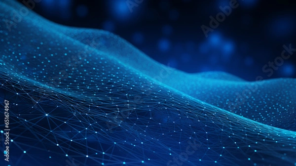 Obraz Smooth mesh and waves - abstract blue geometric digital technology background.  Concept for neural network, big data, communication, data stream, cyber data flow,  AI, cloud computing. Generative AI