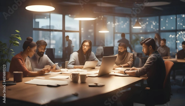Fototapeta a collaborative workspace where coworkers are sharing a desk, working together on a creative project ai generated