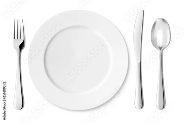 Fototapeta Classic white ceramic or glass plate with knife,spoon and fork. Empty plate with stainless steel metal cutlery isolated on white background, clipping path, top view. Realistic 3d vector illustration