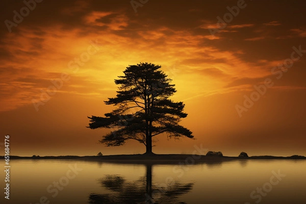 Fototapeta A solitary black cypress three standing tall against a golden sunset sky created with Generative Ai