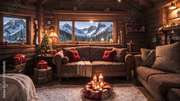 Obraz Salon chaleureux d'un chalet avec un sapin et des cadeaux un soir de Noël