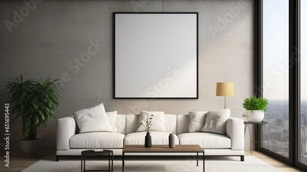 Fototapeta o A Mockup poster blank frame, hanging on marble wall, above glass-top coffee table, Contemporary penthouse