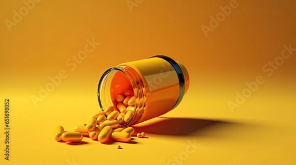Obraz Medicine yellow bottle with pill spilling depicting addiction risks, AI Generated