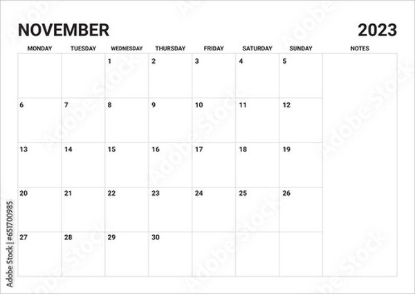 Fototapeta 2023 Monthly November calendar include notes