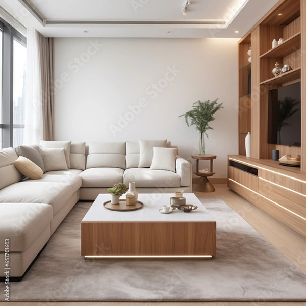 Fototapeta Rustic sofa and side table, potted houseplants against wall with poster, scandinavian home interior design of modern living room. generative AI