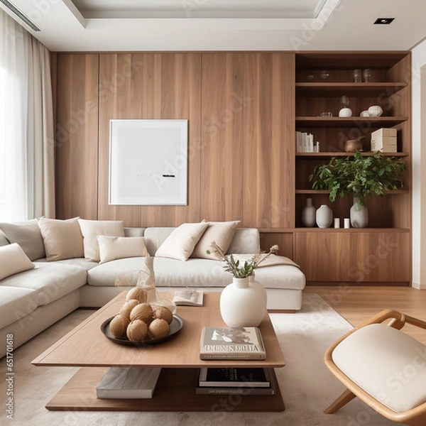 Fototapeta Rustic sofa and side table, potted houseplants against wall with poster, scandinavian home interior design of modern living room. generative AI