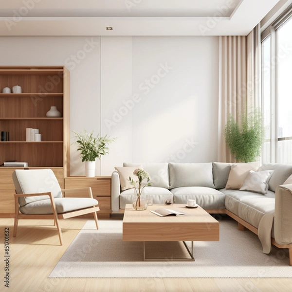 Fototapeta Rustic sofa and side table, potted houseplants against wall with poster, scandinavian home interior design of modern living room. generative AI