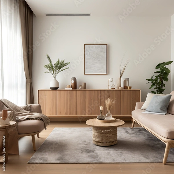 Obraz Rustic sofa and side table, potted houseplants against wall with poster, scandinavian home interior design of modern living room. generative AI
