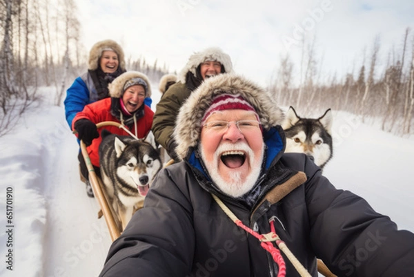 Fototapeta With a team of eager sled dogs, a senior musher leads a thrilling dog sledding adventure through the snowy wilderness.