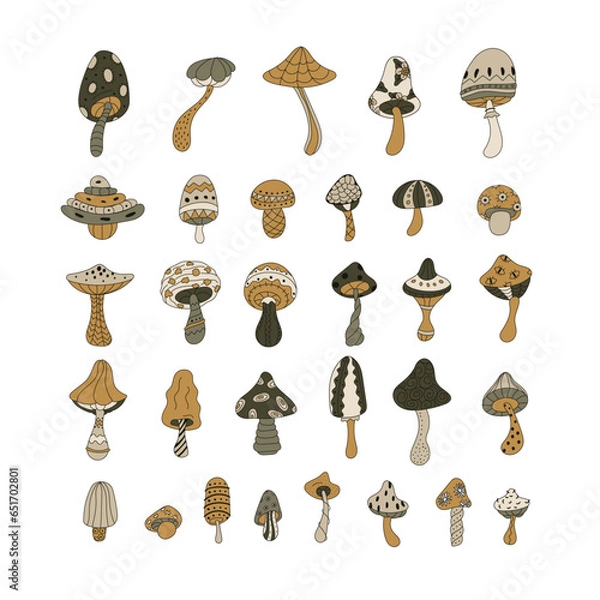 Fototapeta Colored mushrooms funny crazy vector set. Magic mushrooms on a white background.