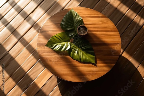 Obraz  wooden platform with a large leafy green background