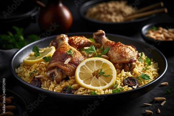Obraz Plate of chicken with lemon and garlic on top, Generative AI