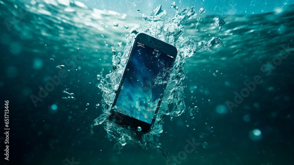 Fototapeta Promotional shot of a protective smartphone. the phone is underwater but working. the shot indicates water protection, ip64. Generative AI