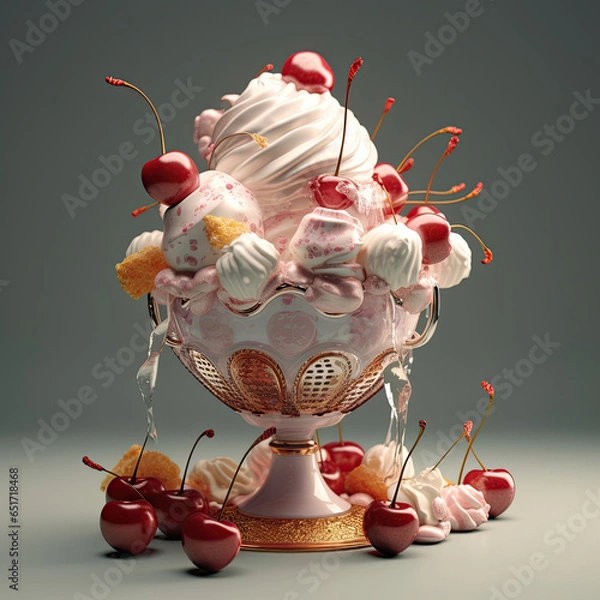 Obraz ice cream sunday  delicious  glistening  cherries  marshmallows, AI Generated