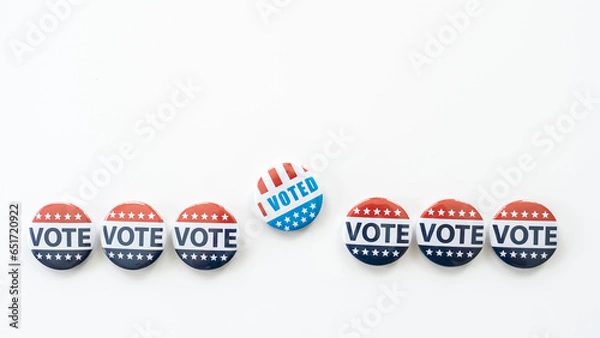Fototapeta Presidental election 2024, red,blue and white vote buttons. I voted badge isolated on white background