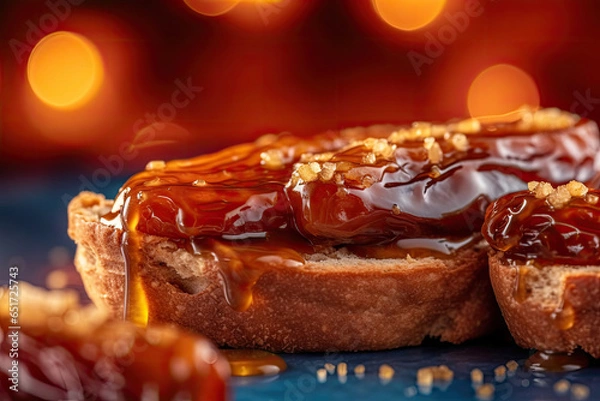 Fototapeta Saudi Arab Dates toast, macro shot of a fresh breakfast with Dripping Honey, AI Generated