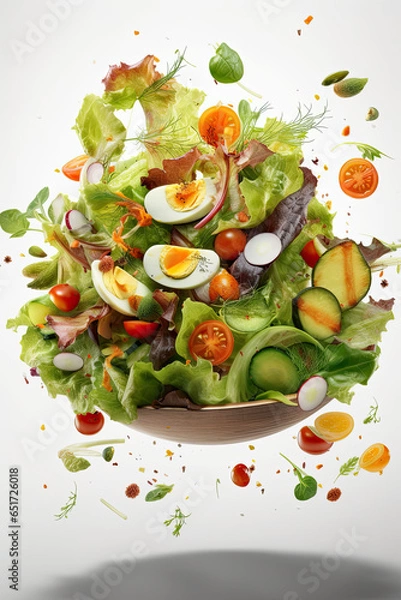 Obraz Salad flying ingredients on white background, AI Generated