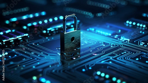 Fototapeta The Ultimate Cybersecurity Experience. A Secure Connection, Motherboard Closeup, Safety Lock, and Verified Credentials.