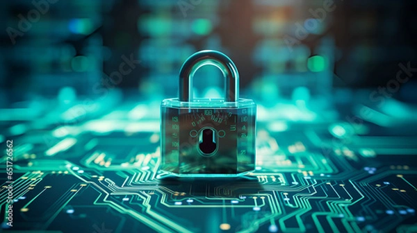 Fototapeta The Ultimate Cybersecurity Experience. A Secure Connection, Motherboard Closeup, Safety Lock, and Verified Credentials.