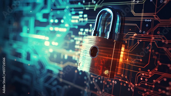 Fototapeta The Ultimate Cybersecurity Experience. A Secure Connection, Motherboard Closeup, Safety Lock, and Verified Credentials.