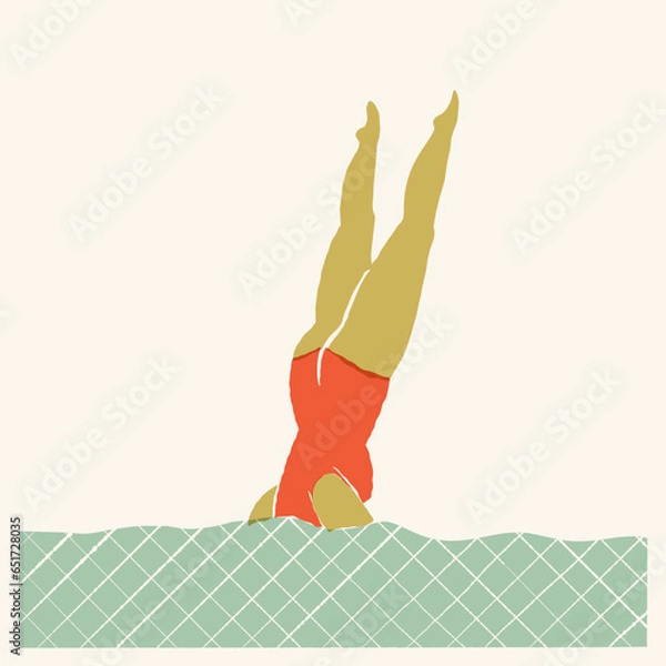 Fototapeta Retro swimmer jumping in the pool, synchronized swimmer diving into the water. Vector vintage mid-century art print.