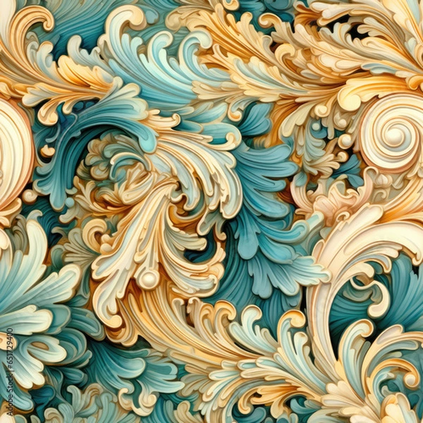 Obraz Natural embroidery fantasy rococo flowing seamless pattern, AI Generated