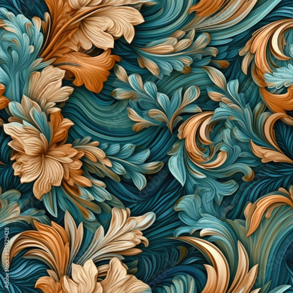 Obraz Natural embroidery fantasy rococo flowing seamless pattern, AI Generated