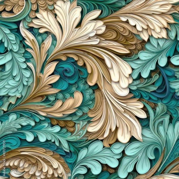 Obraz Natural embroidery fantasy rococo flowing seamless pattern, AI Generated