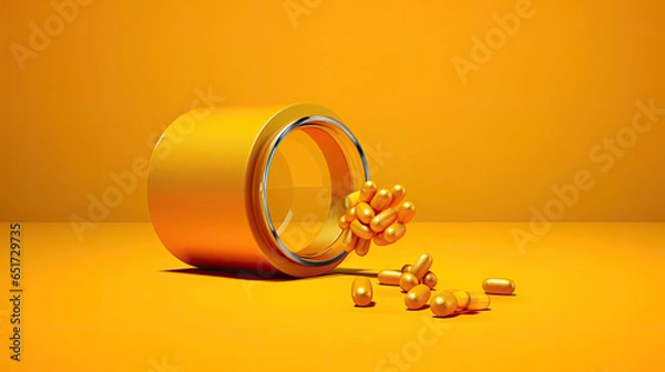 Fototapeta Medicine yellow bottle with pill spilling depicting addiction risks, AI Generated