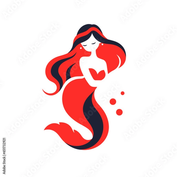 Fototapeta Mermaid vector icon in minimalistic, black and red line work, japan web