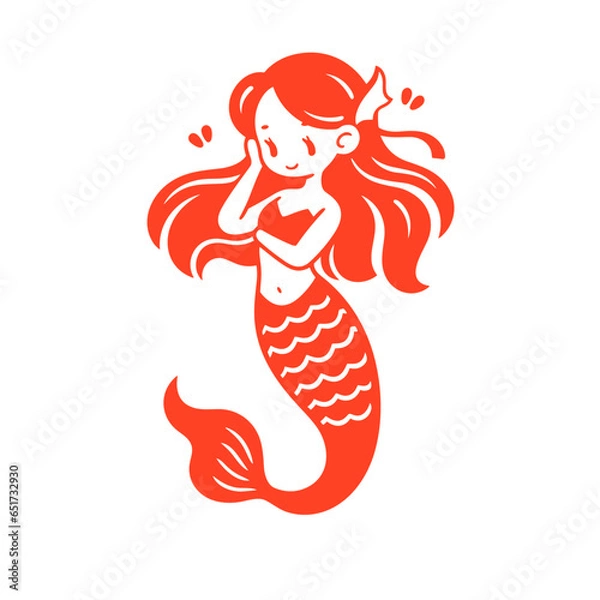 Fototapeta Mermaid vector icon in minimalistic, black and red line work, japan web