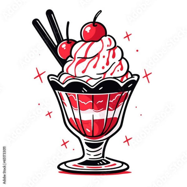 Fototapeta Sundae Cup vector icon in minimalistic, black and red line work, japan web