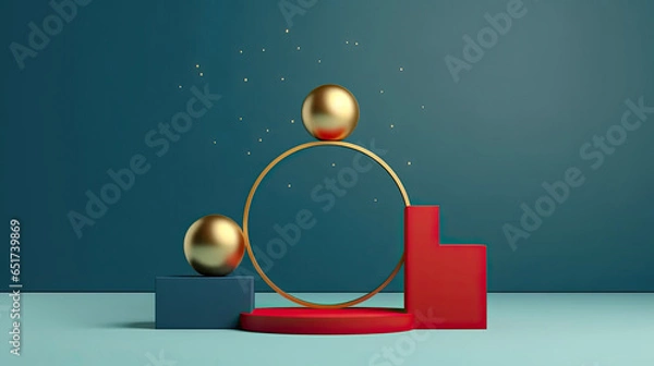 Obraz Stunning 3D Render of Blue Podium with Gold Arch Christmas Tree Decorations, AI Generated