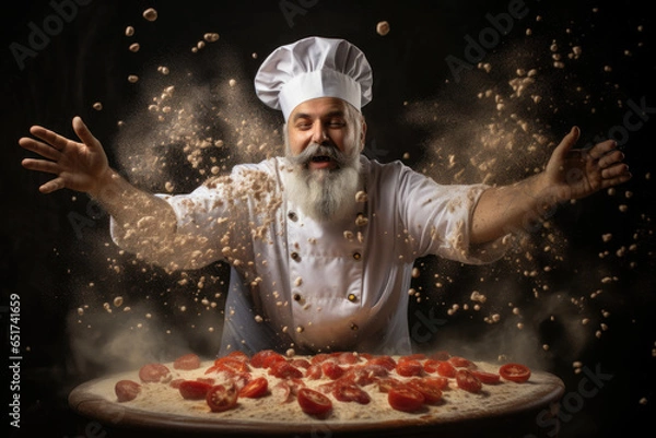 Fototapeta A chef tossing pizza dough in the air before adding fresh toppings, capturing the essence of Italian pizza-making. Generative Ai.