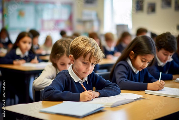 Fototapeta Primary school children in blue uniform in the classroom writing in their books elementary students attending a class academic concept children in a lesson little children sitting at their desks