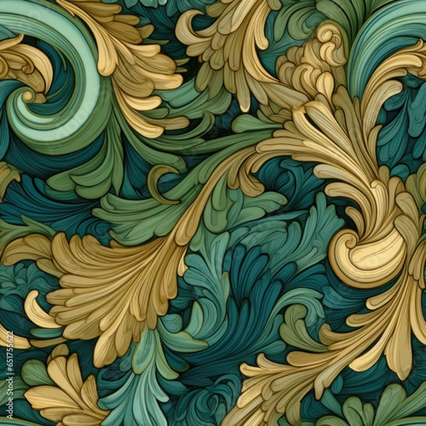 Obraz Natural embroidery fantasy rococo flowing seamless pattern, AI Generated