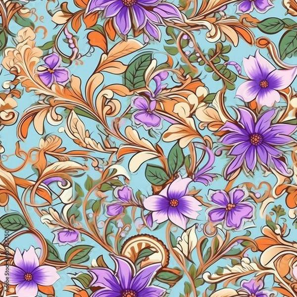 Obraz Jasmine flowers and paisley motifs inter woven seamless pattern, AI Generated
