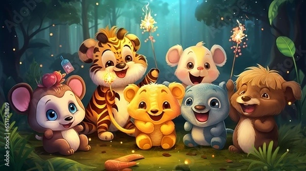 Fototapeta Cartoon animals in the jungle with sparklers and fireworks celebrated new year generated with AI