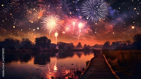 Fototapeta Colorful fireworks on the night sky with city skyline background celebrated new year generated with AI