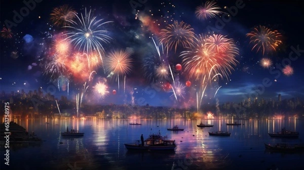 Fototapeta Colorful fireworks on the night sky with city skyline background celebrated new year generated with AI