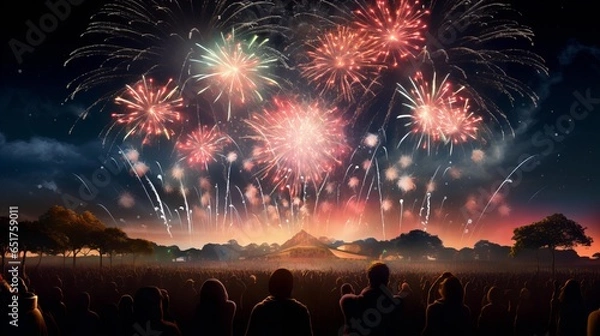 Fototapeta Colorful fireworks on the night sky with city skyline background celebrated new year generated with AI